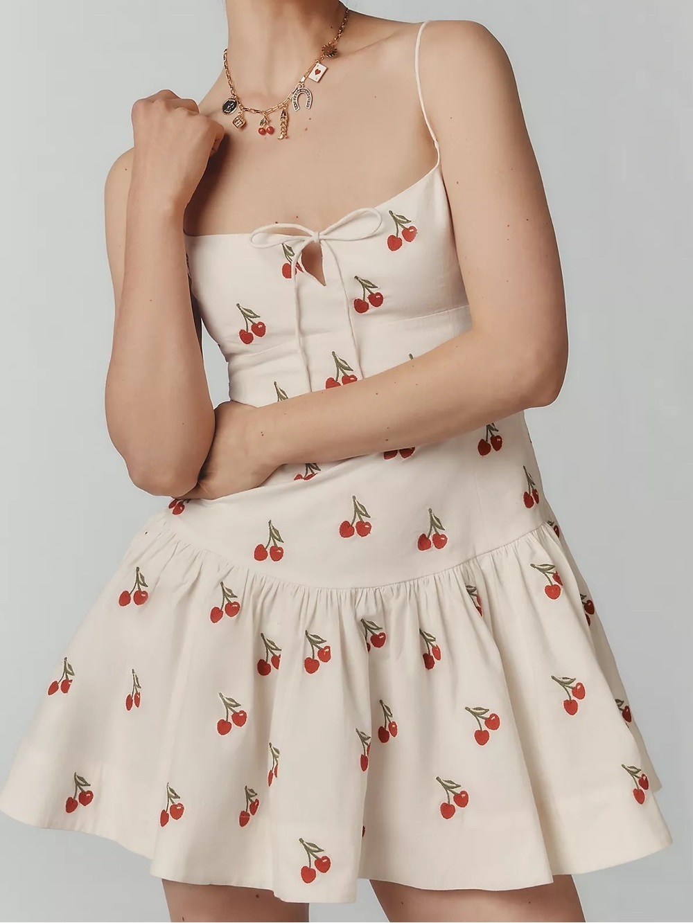 Anthropologie Maeve Sweetheart Drop-Waist Cherry Print Mini Dress - Picture 2 of 8